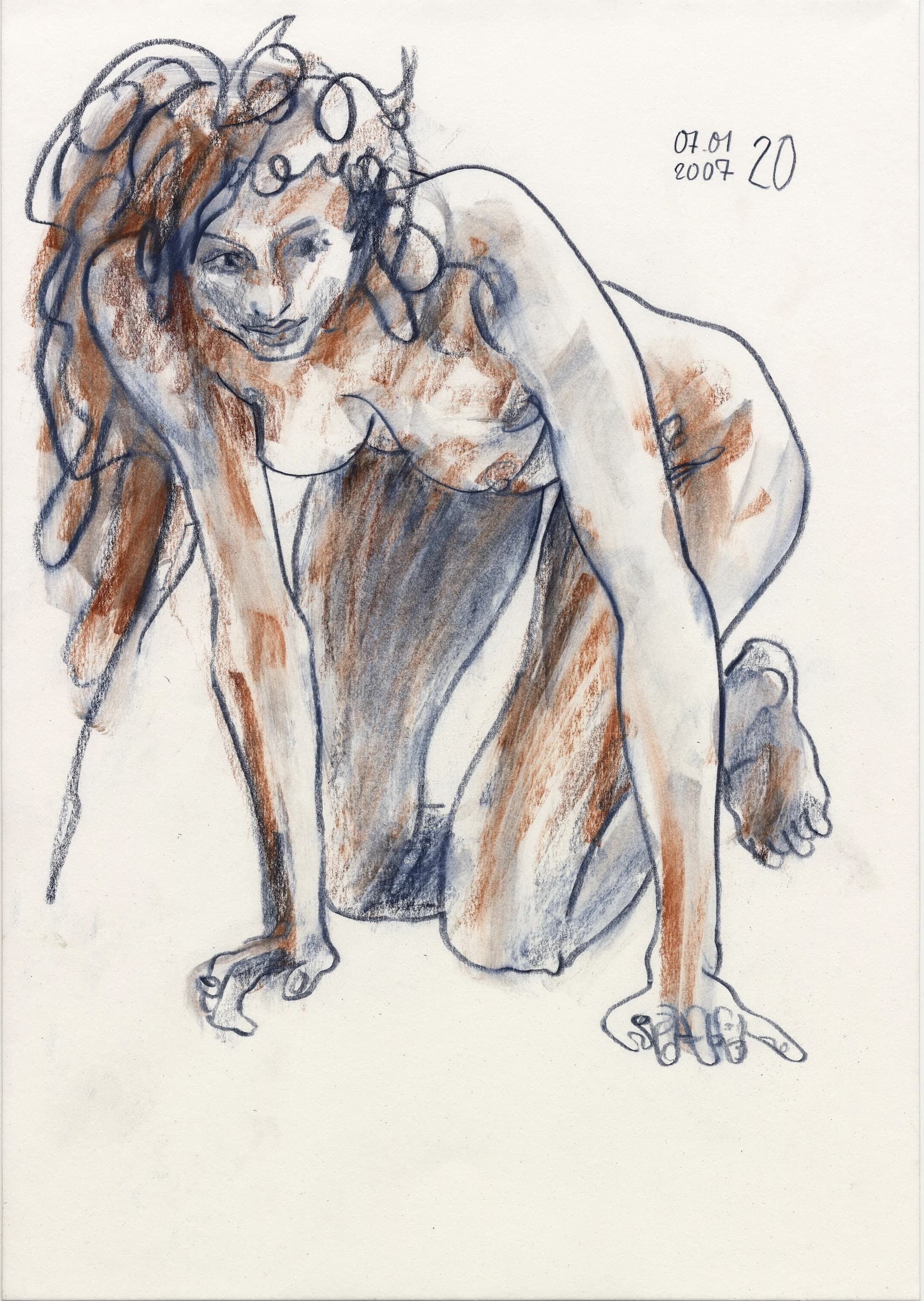 Gunter Langer, kniender weiblicher Akt, 2007, Zeichnung Bleistift (Bleistiftzeichnung), Karton, 42 x 30 cm